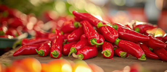 Wall Mural - Vibrant red peppers pile on a market table, their glossy sheen inviting thoughts of spice and fresh flavors