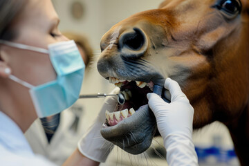 Horse being examined and having his teeth cleaned and floated by veterinary dentist