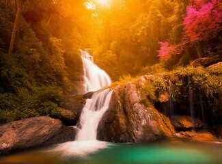 Poster - Beautiful waterfall in the forest travel wallpaper