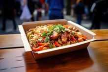 Chinese Noodles With Chicken And Vegetables In Cardboard Box On Table In Street Eatery, Concept Fast Take-away Street Food