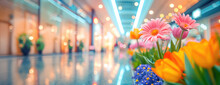 Spring Flowers In Shopping Mall. Vibrant Pink Gerbera And Tulips Flowers In A Mall With A Soft-focus Background.