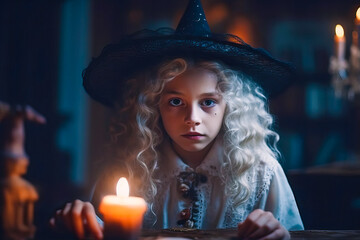 Wall Mural - Portrait of Little girl witch in witches hat with candle makes a spell. Halloween concept