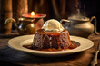 Delight your senses with the irresistible allure of sticky toffee pudding, impeccably presented on a rustic wooden table. A delectable treat to savor.