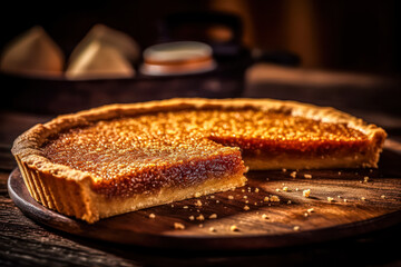 Wall Mural - Treat yourself to the nostalgic flavor of treacle tart, beautifully served on a wooden table. This classic dessert captures the essence of sweet indulgence.