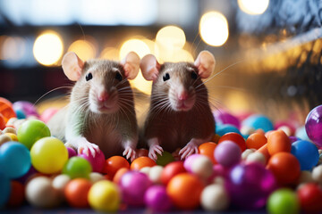 Canvas Print - A pair of friendly and inquisitive rats playing with toys, demonstrating the intelligence and social behavior of these small rodent pets. Concept of rat camaraderie. Generative Ai.