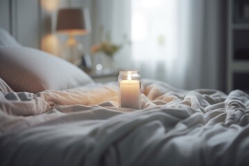 Wall Mural - A serene bedroom setting featuring a single lit candle placed on the bed, creating a warm and inviting ambiance, emphasizing relaxation and tranquility in home comfort