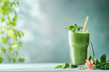 editorial photo shoot of a green smoothie juice with herbs vegetables fruit spinach basil celery for healthy lifestyle diet low calorie breakfast juice cleanse natural sunlight