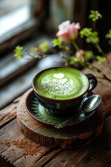 editorial close up photo of japanese green matcha latte with heart latte milk art in ceramic mug flower details on cafe coffee shop table with natural sunlight for alternative healthy beverage drinks