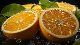 Fototapeta Niebo - Freshness of citrus fruit, slice of ripe yellow orange, wet refreshment generated by AI