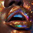 Glittery multicolored lipstick close up. 
