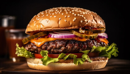 Wall Mural - Grilled beef burger with cheese, onion, tomato on sesame bun generated by AI