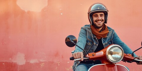 A vintage style biker with a helmet on, is riding a retro scooter with a peach fuzz colored wall in the background