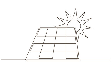 Sun and solar panel continuous one line icon drawing. Energy of sun with ecology power station vector illustration in doodle style. Contour line sign for innovation, environment, renewable