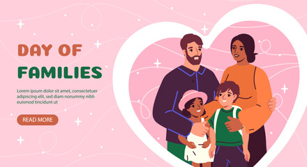 Day of family poster. Mother and father with son and daughter. Woman and man near brother and sister. Love and care, good relations. Landing page design. Cartoon flat vector illustration