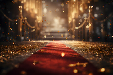 awards show dark red carpet path with a golden barrier, celebrity's event realistic composition.