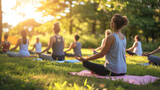 Group of people practicing yoga in a serene outdoor setting