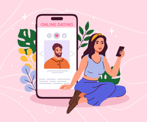 Poster - likes on photo concept. woman with smartphone read social networks post. user of social media. commu