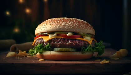 Canvas Print - Grilled beef burger with cheese, tomato, and homemade sesame bun generated by AI