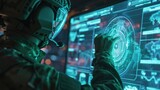 Fototapeta  - Soldier with high-tech helmet examines futuristic AI interface in dimly lit control room