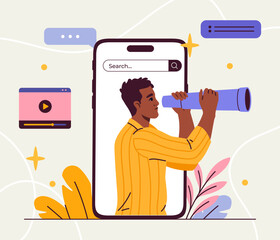 Poster - Looking for information concept. Man at smartphone screen with binocular in hands. Young guy searching knowledges on internet. Cartoon flat vector illustration isolated on white background