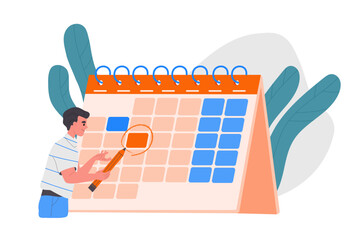 Poster - man marks in calendar. concept of planning and scheduling. deadline and goal setting. young guy with
