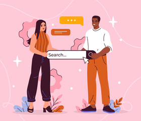 Poster - people with search bar concept. man and woman looking for information. internet searching system. yo