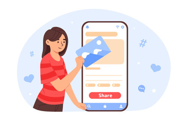 Poster - share photo on internet concept. woman with picture file near smartphone screen. young girl with ima