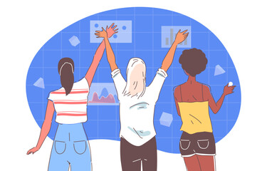 Poster - women look at graphs doodle. young girls with infographics and statistics. team of analysts conduct 