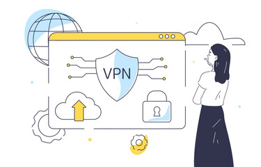 Poster - Woman with VPN doodle. Young girl look at webpage with shield. Security on internet. Safety and protection of personal data online. Linear flat vector illustration isolated on white background