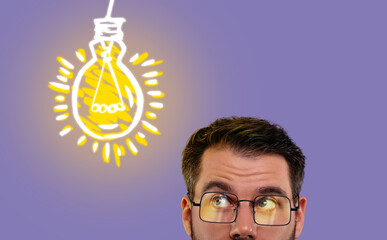 Wall Mural - idea generation. man looking at illustration of glowing light bulb over him on violet background