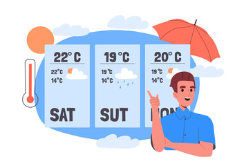 Wall Mural - weather forecast concept. man with infographic from meteorological services. young guy loook at clim