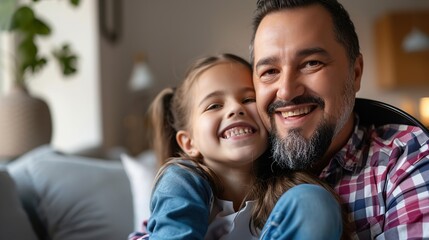 portrait of caring father embracing happy girl