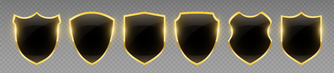 Wall Mural - Set of vector shields. Black glossy shield collection with gold frame. Banner set with shiny frame. Board signs