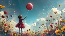 A Little Girl Flying A Red Balloon