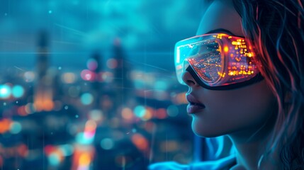 a woman wearing a pair of futuristic goggles in front of a cityscape at night