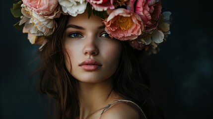 a woman with a flower crown on her head