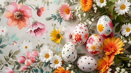 Wall Mural - Garden Easter table with hand-painted eggs and small spring flower bouquets on a floral tablecloth, space for text. Bright, lively top view.