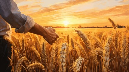 Two people shake hands in front of a wheat field