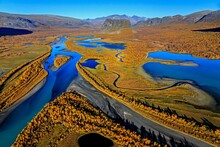 Aerial View Of River Delta With Mountains In Autumn, Rapadalen And Nammatj, Laponia, Lapland, Sweden, Europe
