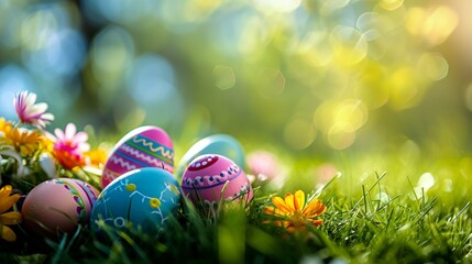  Outdoor Easter picnic scene with colorful painted eggs and spring flowers on grass, arranged centrally for text. Vivid, natural setting.