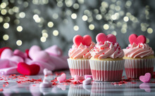 The Image Displays Beautifully Crafted Cupcakes With Pink Frosting And Heart-shaped Toppers, Set Against A Festive Background With Soft Bokeh Lights.
