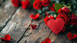 red hearts and roses on wooden background