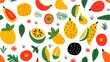 Tropical fruits background in minimalist cartoon style