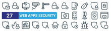 Set Of 27 Outline Web Web Apps Security Icons Such As Email, Blocked, Desktop Computer, Smartphone, Barcode Scanner, Firewall, Padlock, Sync Vector Thin Line Icons For Web Design, Mobile App.