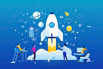 Wall Mural - Launching new product or service. Technology development process illustration of project startup process new products and services development from idea to implementation