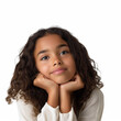 a young american girl resting chin on hand white background, copy space
