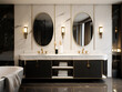 Ensuite room decorated with mediterranean style. Marble white vanity. Black sink and modern mirrors