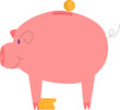 Pink piggy bank with coin slot and standing on a pile of coins. Savings concept and financial security. Simple cartoon style piggy bank vector illustration.