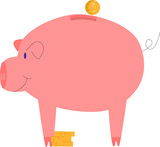 Fototapeta Młodzieżowe - Pink piggy bank with coin slot and standing on a pile of coins. Savings concept and financial security. Simple cartoon style piggy bank vector illustration.