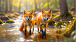 A pair of foxes walks through the spring forest